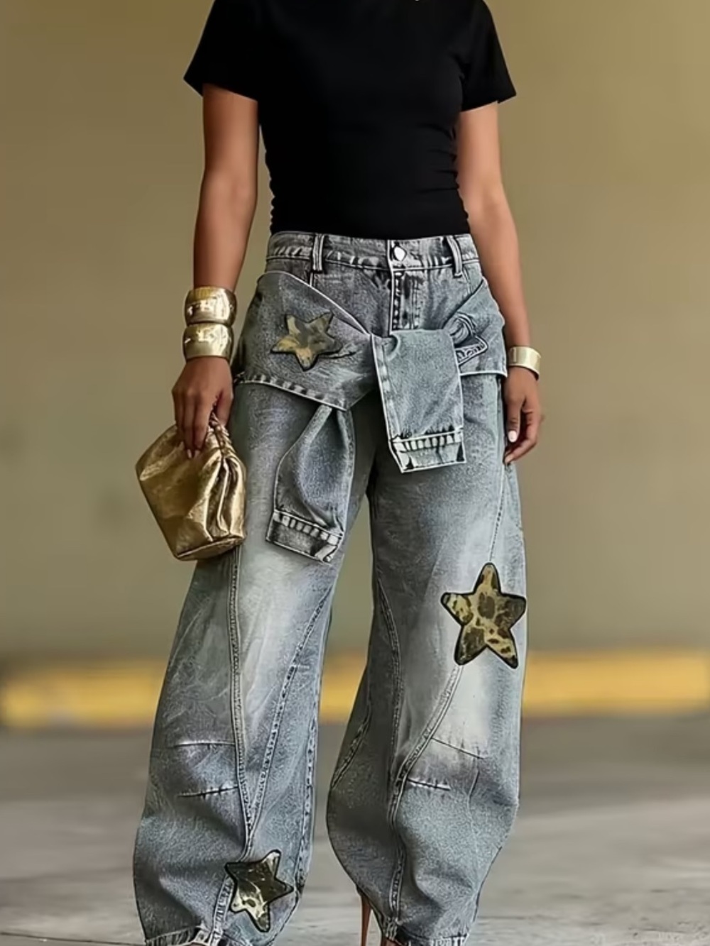 Women' High Waist Wide Leg Jeans - Vintage Y2K Retro Wide Pants with Fake 2pcs - Picture 4 of 4